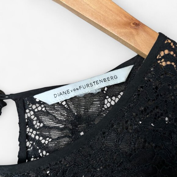 Diane von Furstenberg Lace Trimmed Black Shift Mini Dress Womens Size Medium LBD - Picture 4 of 16